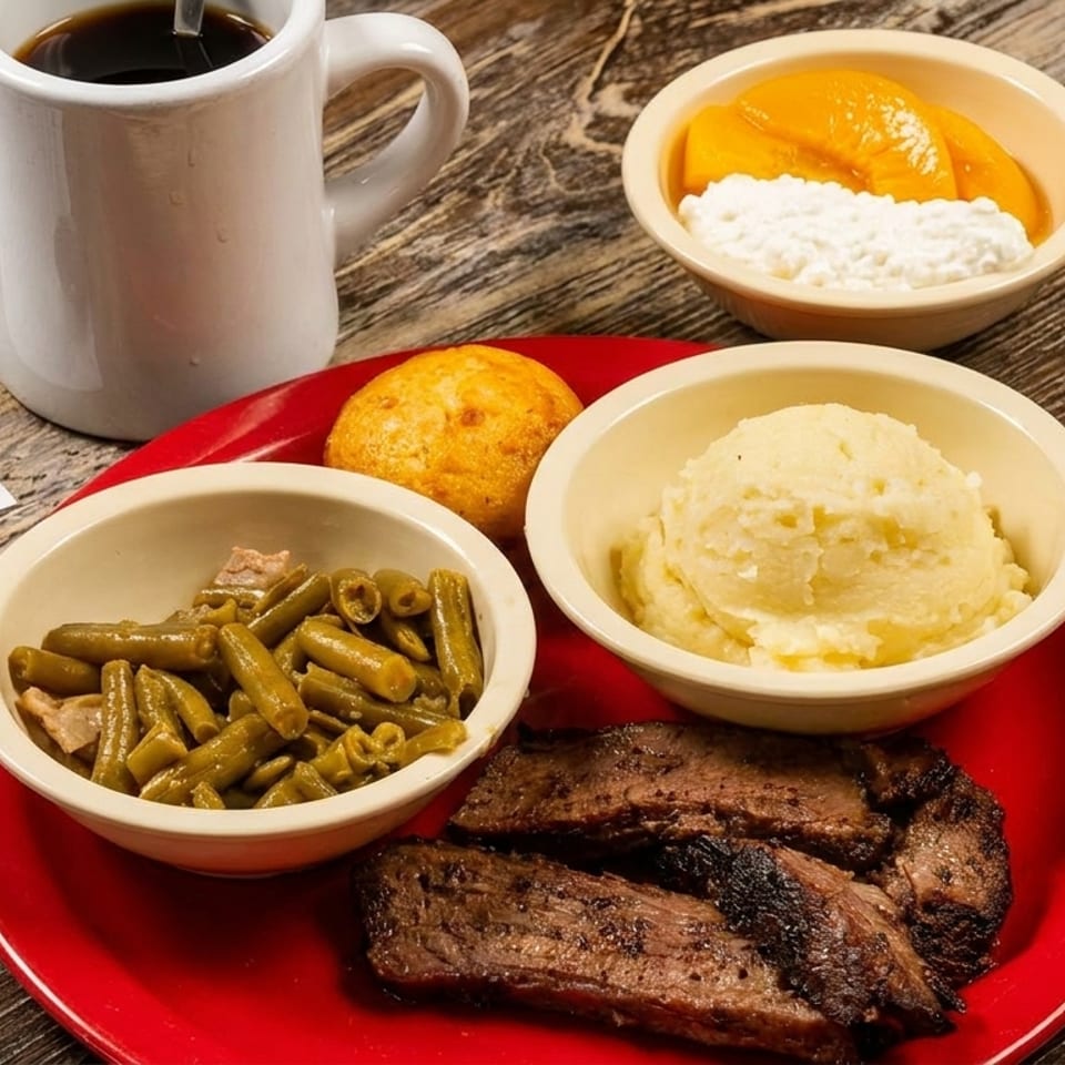 A red plate with sliced brisket, green beans, mashed potatoes, a corn muffin, and coffee.