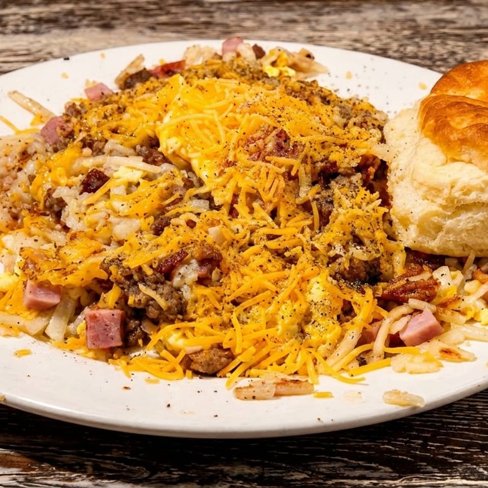 Hearty breakfast skillet with hash browns, eggs, ham, sausage, cheese, and a biscuit.