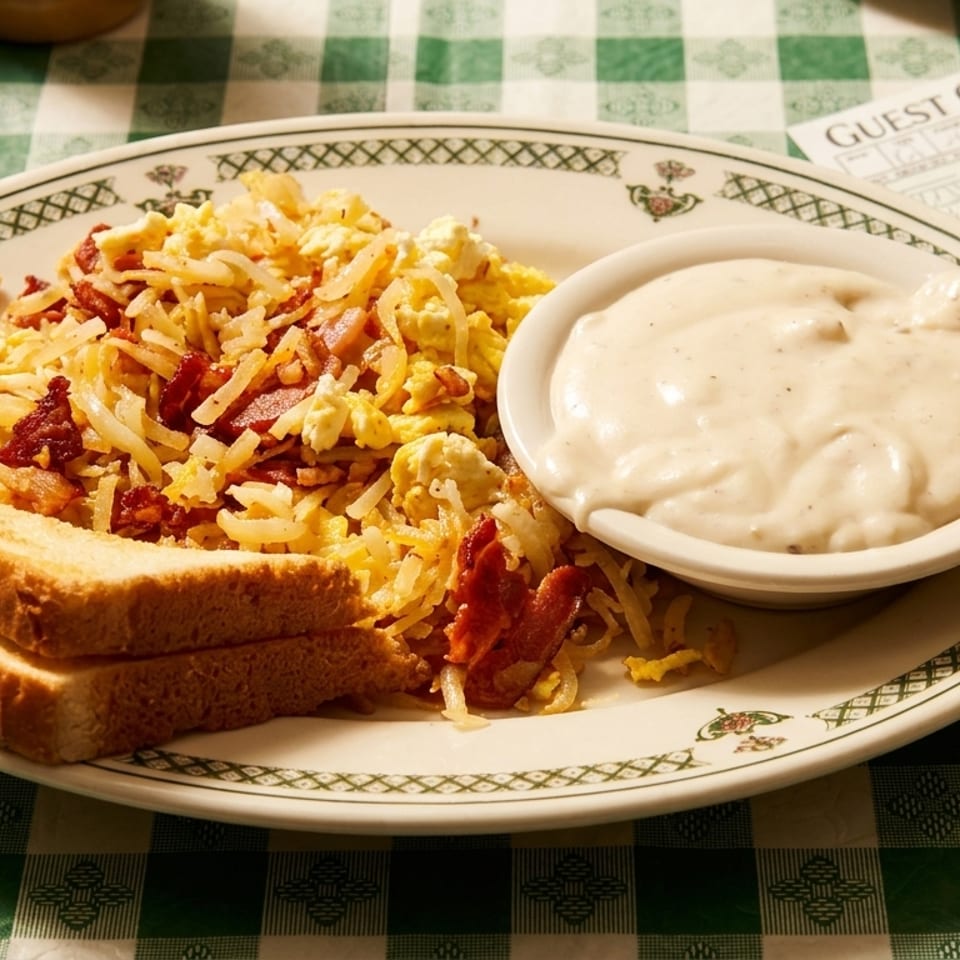 Hearty breakfast plate with scrambled eggs, hash browns, bacon, toast, and a side of gravy.