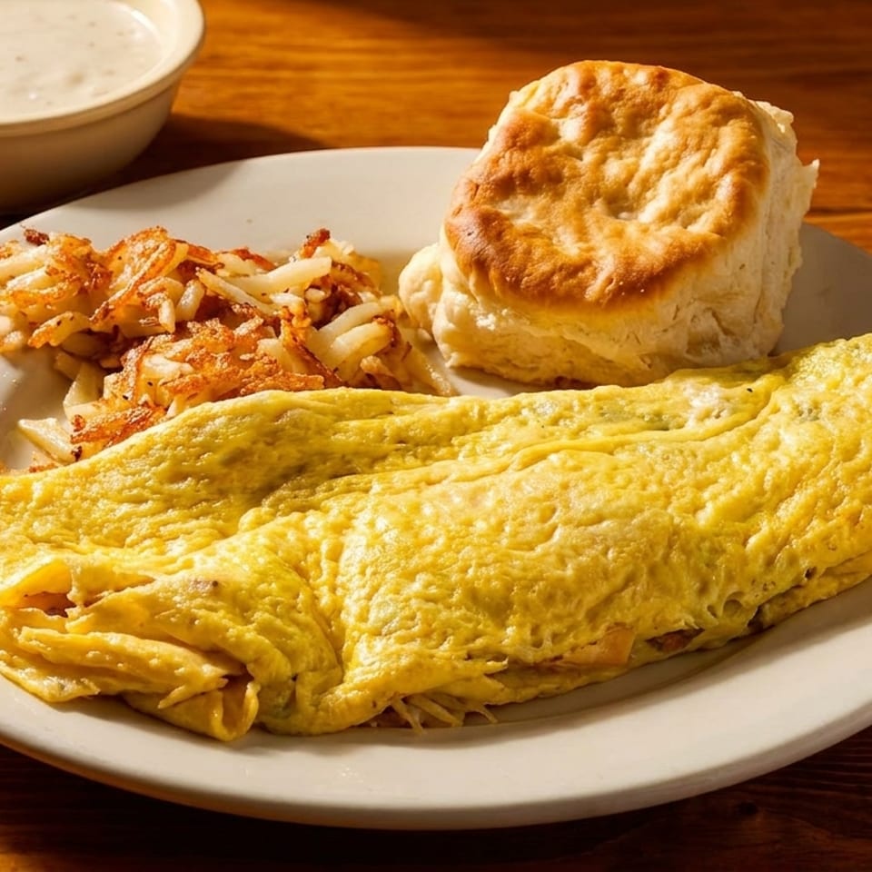 A breakfast plate with a fluffy omelet, crispy hash browns, a biscuit, and gravy.