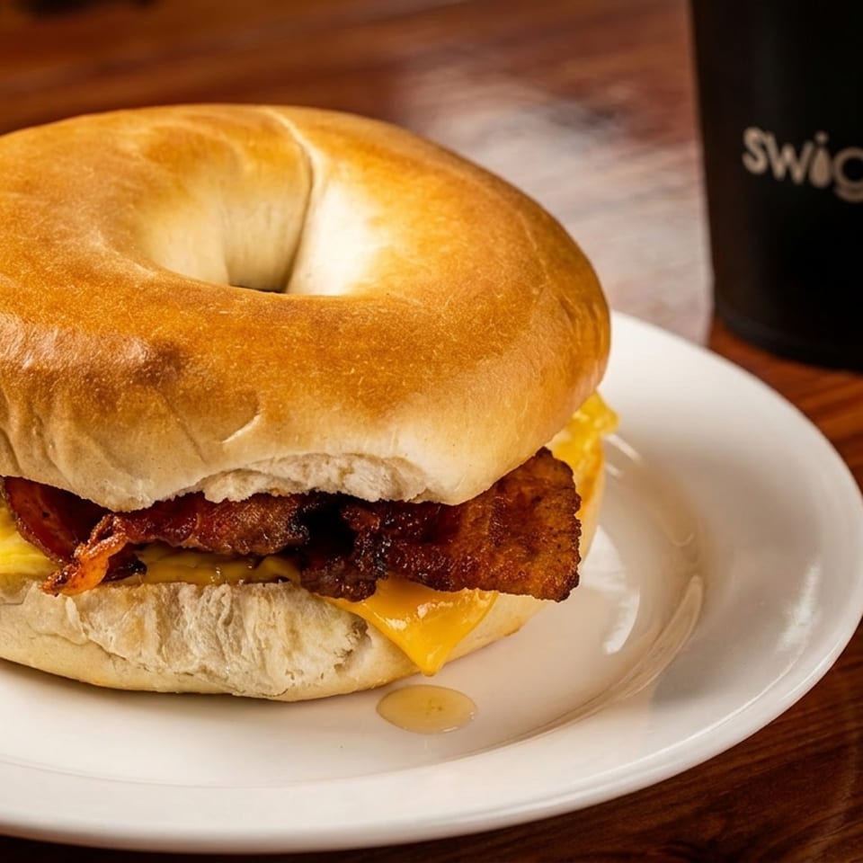 A bacon, egg, and cheese bagel on a white plate next to a black Swig cup.