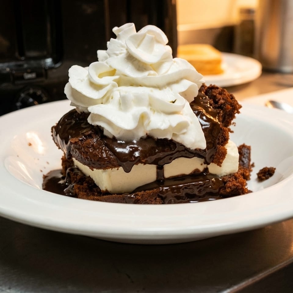 Decadent chocolate brownie with vanilla ice cream, chocolate syrup, and whipped cream on a white plate.