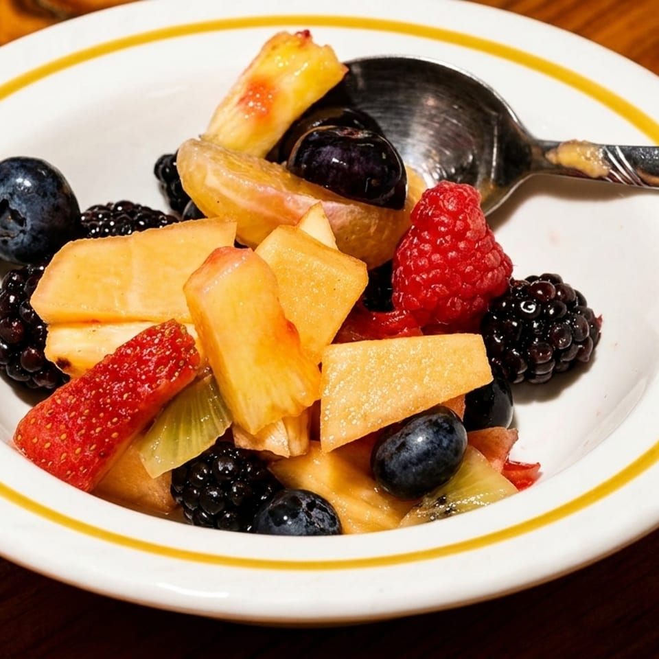 A white bowl with a yellow rim filled with mixed fruit salad and a spoon on a wooden table.